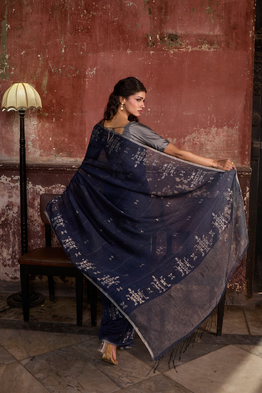 Indigo Pure Linen Jamdani Handloom Saree