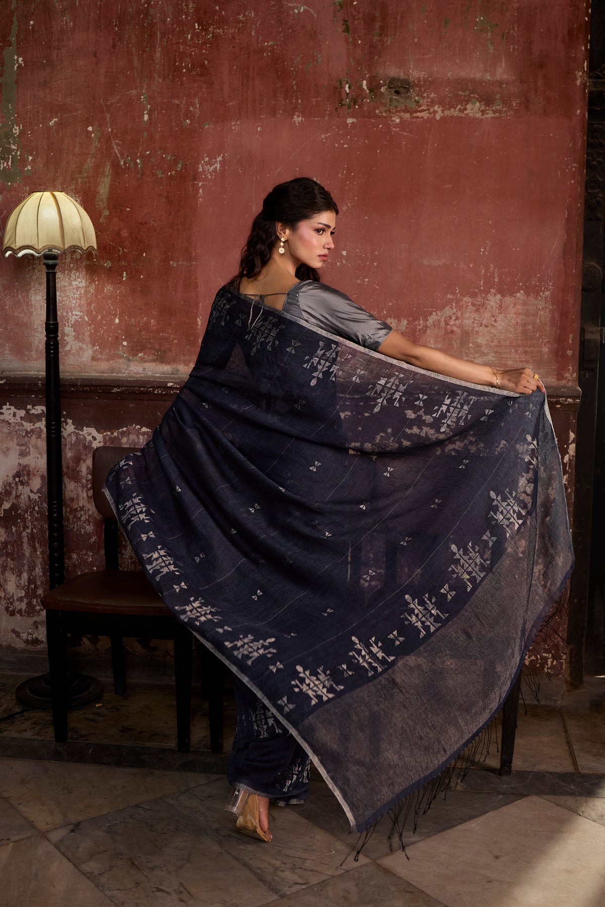 Indigo Pure Linen Jamdani Handloom Saree