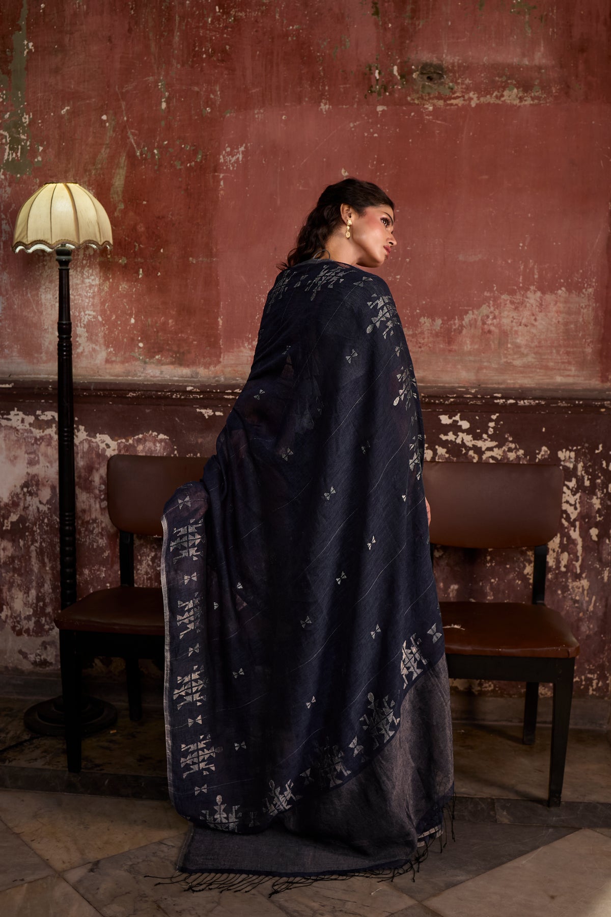 Indigo Pure Linen Jamdani Handloom Saree