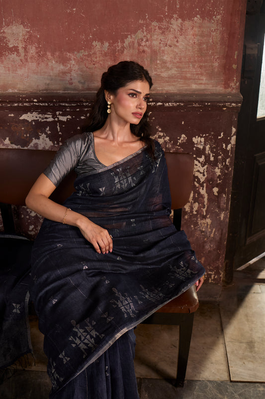 Indigo Pure Linen Jamdani Handloom Saree