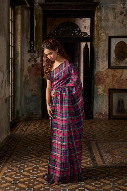 Fuchsia Pure Linen Handloom Saree