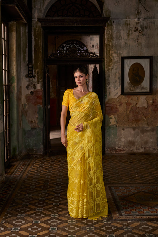 Yellow Pure Organza Silk Traditional Jamdani Saree