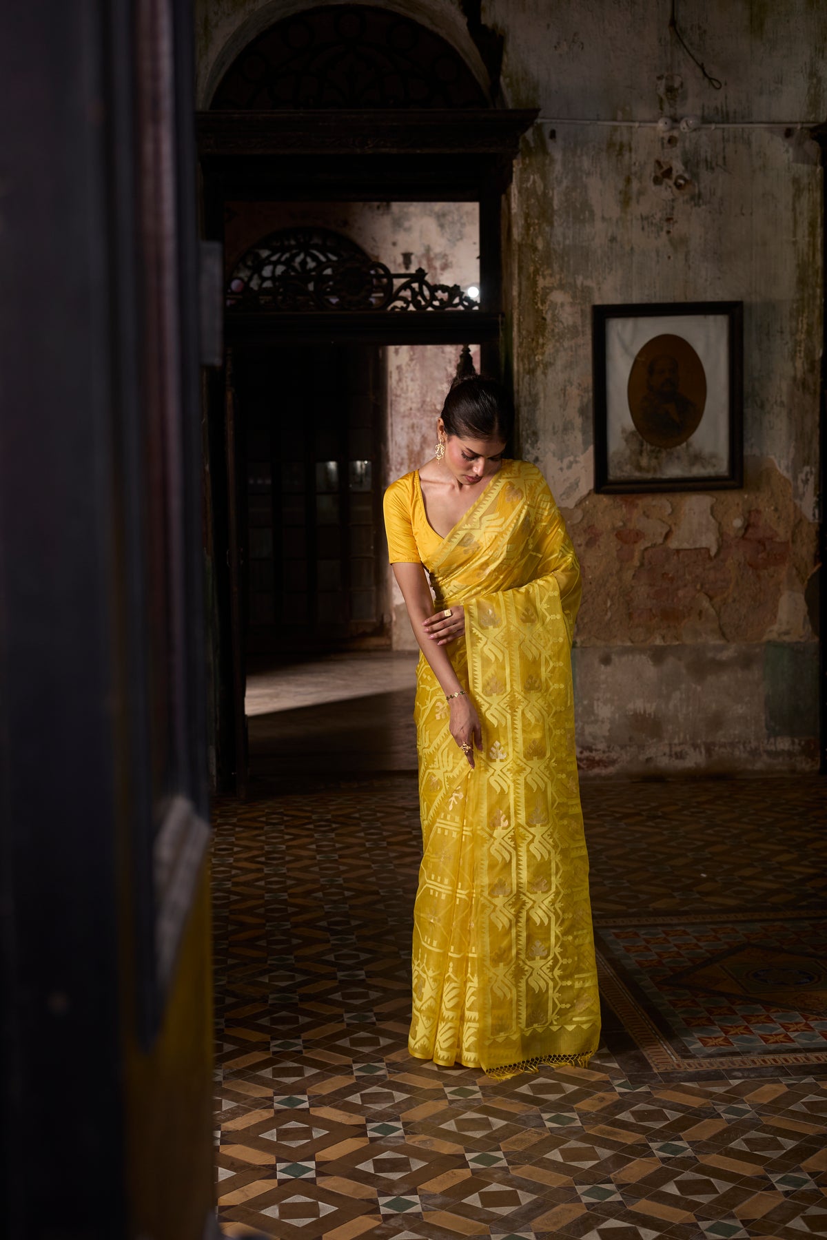 Yellow Pure Organza Silk Traditional Jamdani Saree