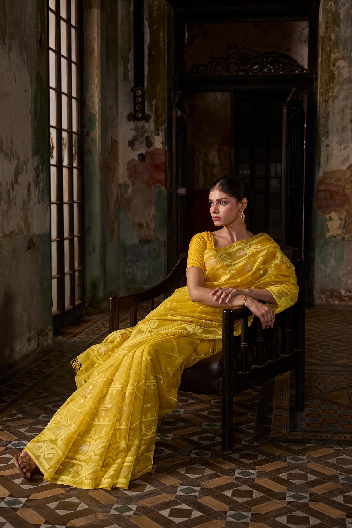 Yellow Pure Organza Silk Traditional Jamdani Saree