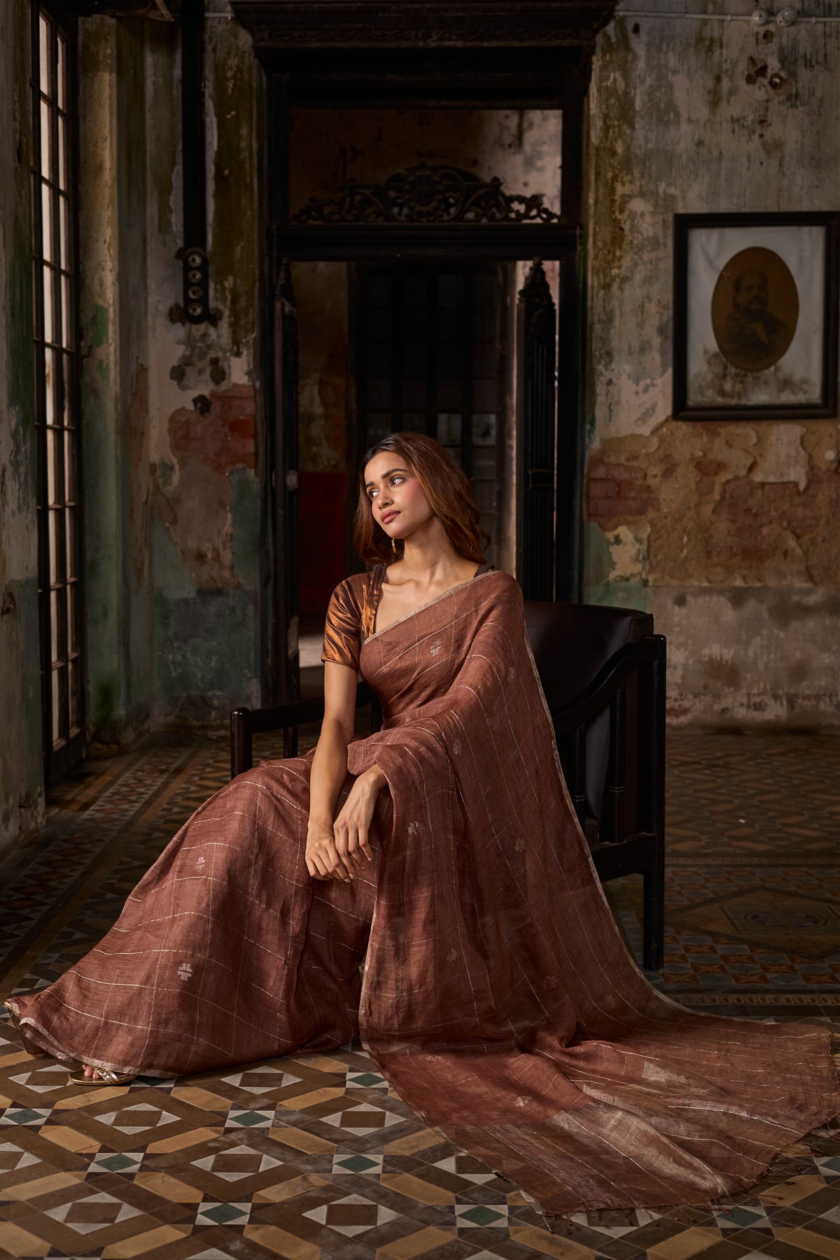 Brown Pure Linen Jamdani Handloom Saree
