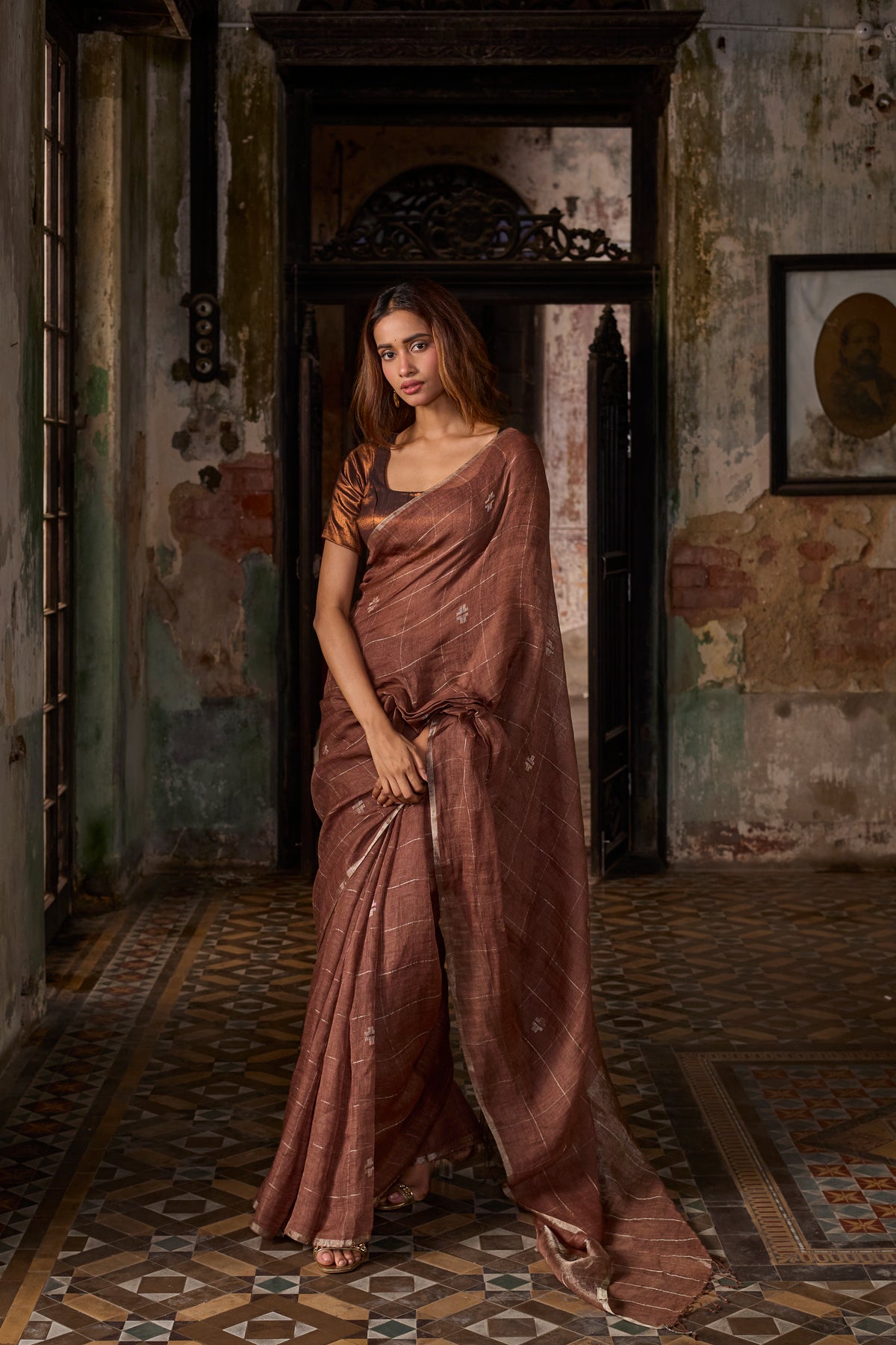 Brown Pure Linen Jamdani Handloom Saree