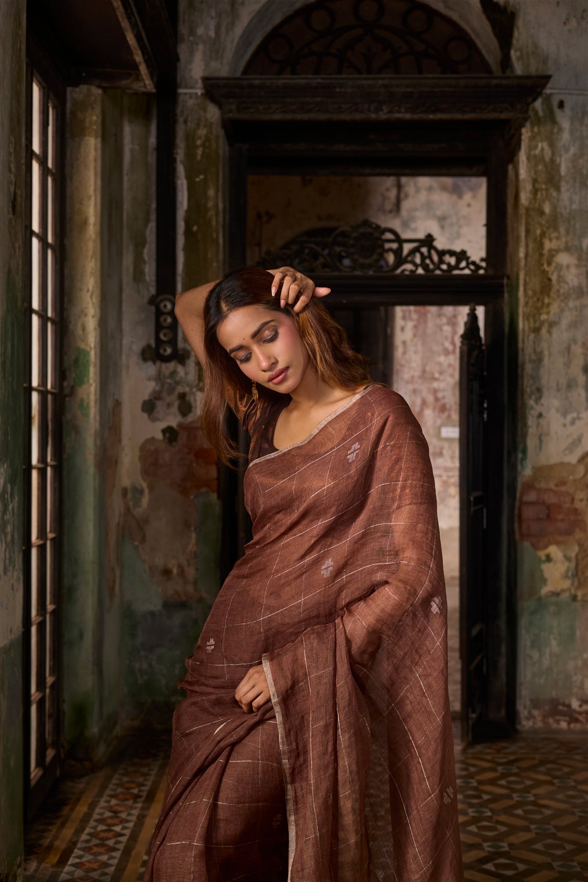 Brown Pure Linen Jamdani Handloom Saree