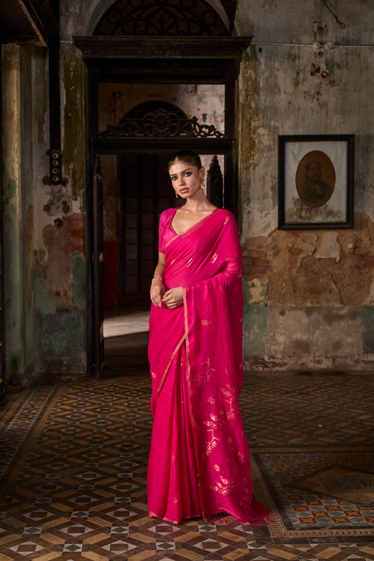 Fuchsia Pure Linen Jamdani Handloom Saree
