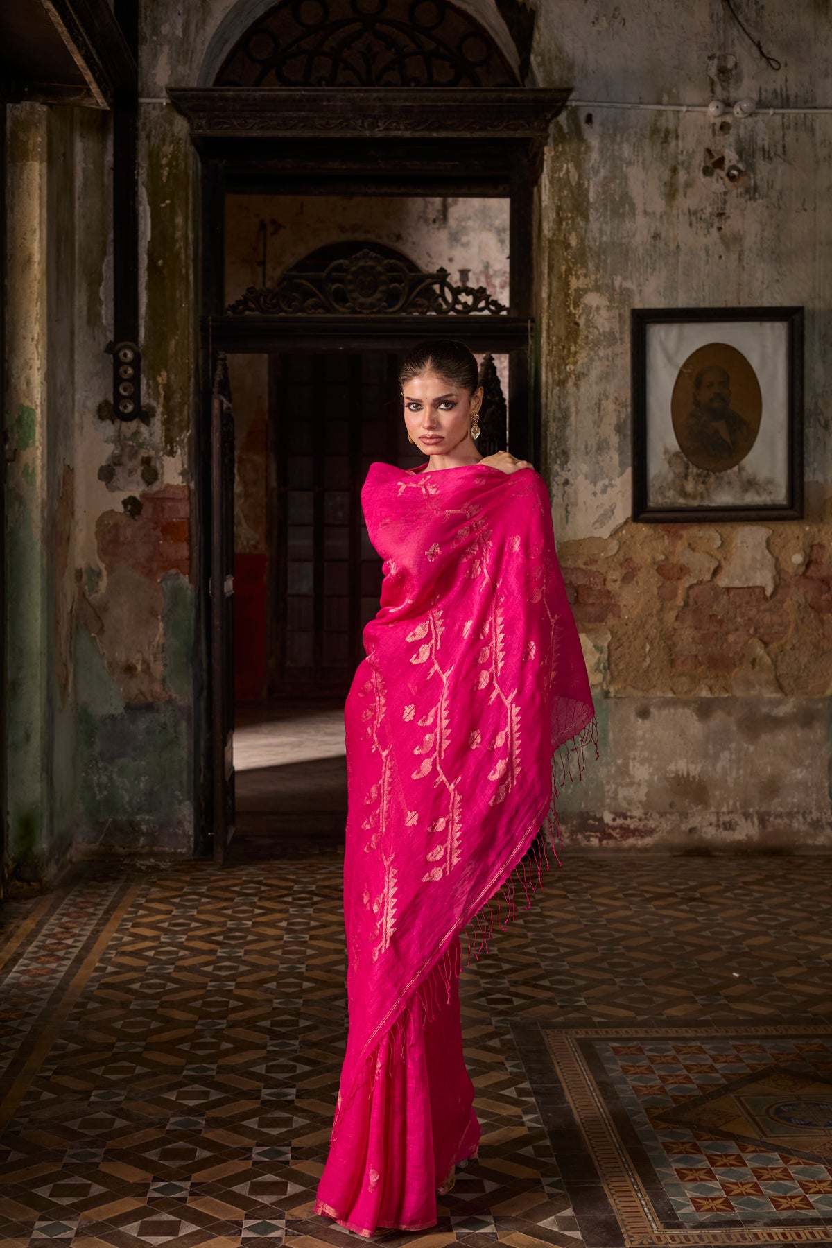 Fuchsia Pure Linen Jamdani Handloom Saree