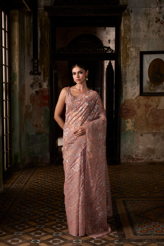 Mauve Pure Organza Silk Traditional Jamdani Handloom Saree