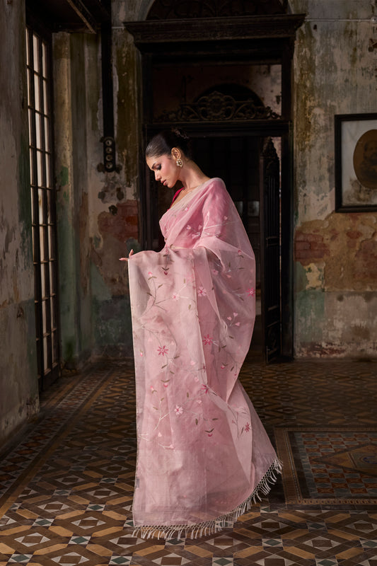 Pink Pure Organza Silk Jamdani Handloom Saree