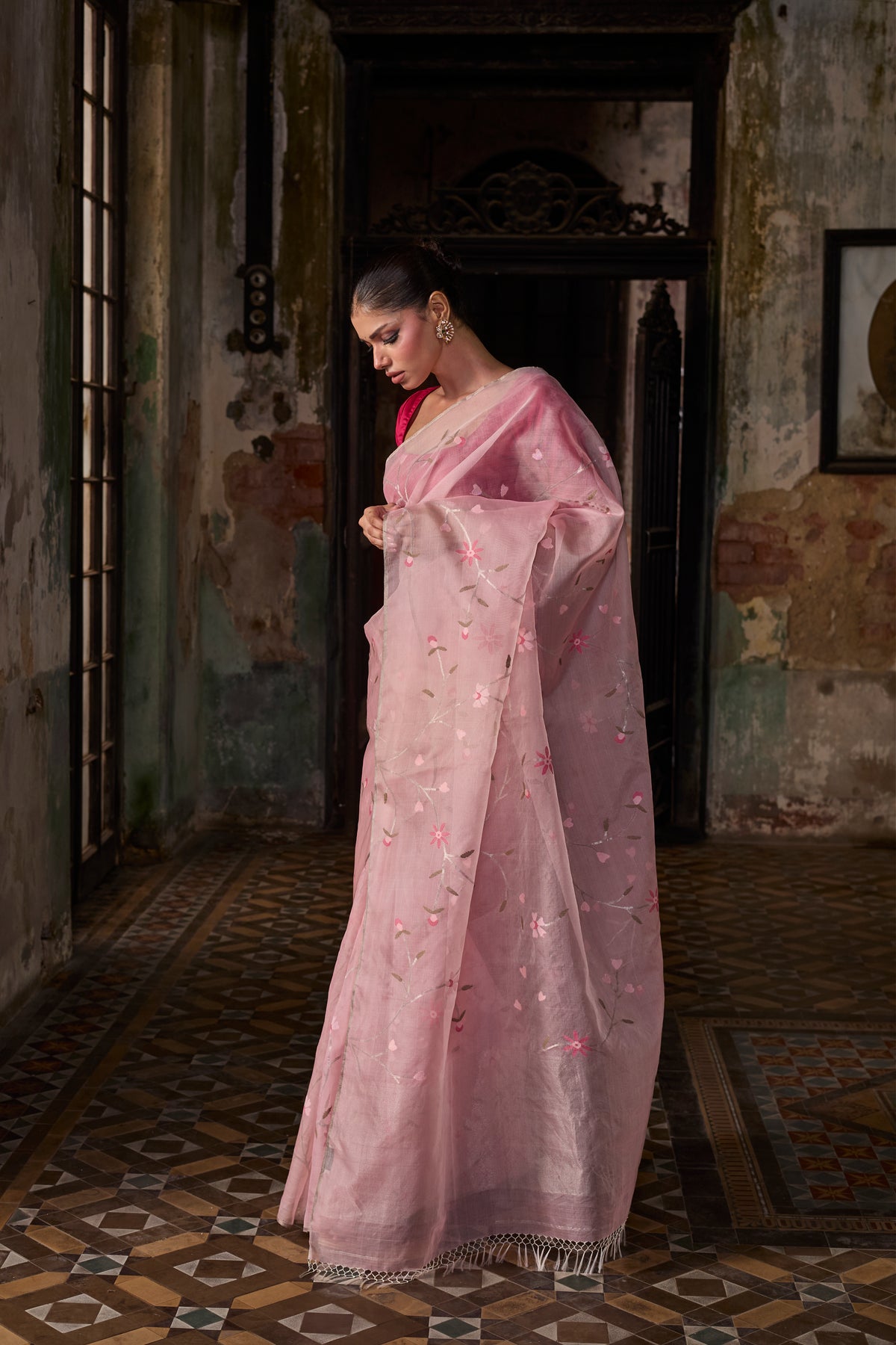 Pink Pure Organza Silk Jamdani Handloom Saree