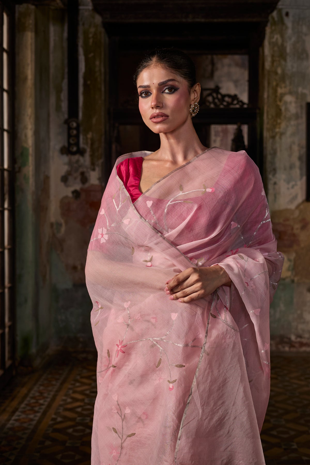 Pink Pure Organza Silk Jamdani Handloom Saree