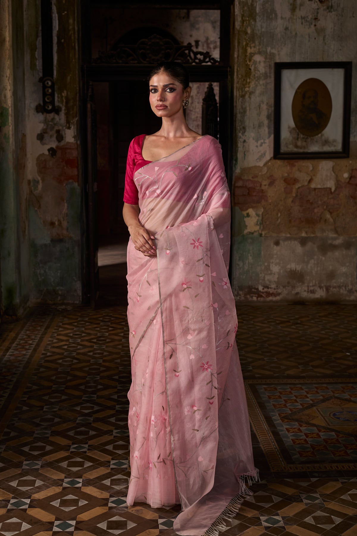 Pink Pure Organza Silk Jamdani Handloom Saree