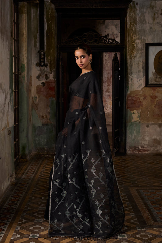 Black Pure Linen Jamdani Handloom Saree