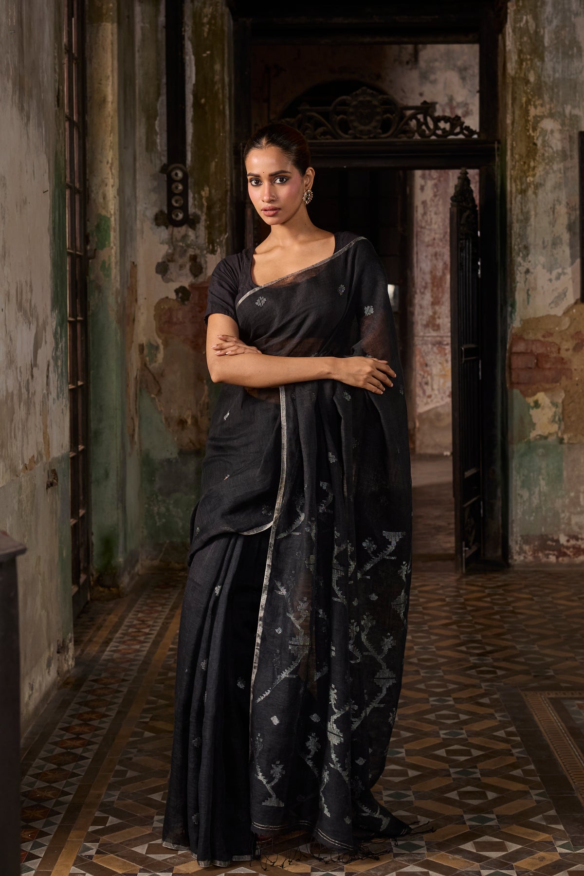 Black Pure Linen Jamdani Handloom Saree