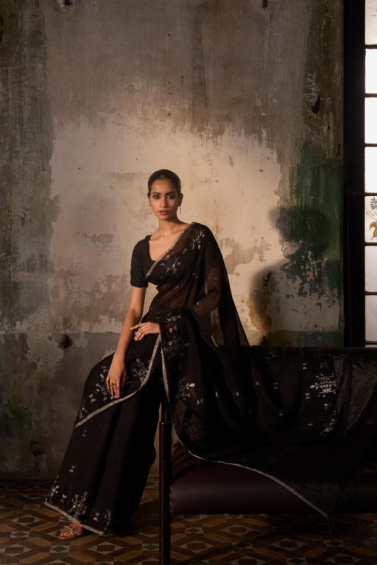 Black Pure Linen Jamdani Handloom Saree