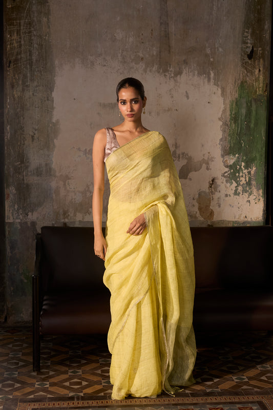 Yellow Pure Linen Jamdani Handloom Saree