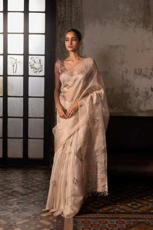 Off-White Pure Tissue Silk Jamdani Handloom Saree