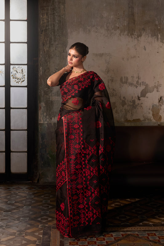 Black Pure Organza Silk Traditional Jamdani Handloom Saree