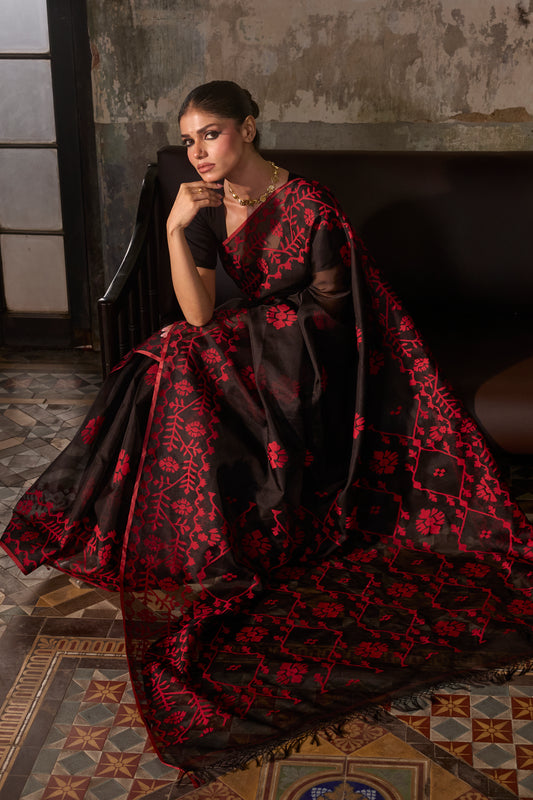 Black Pure Organza Silk Traditional Jamdani Handloom Saree