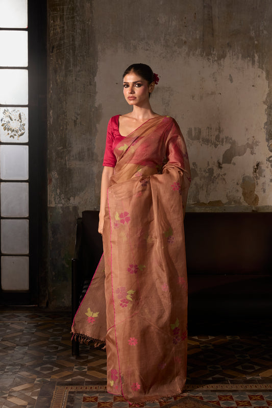Brown Pure Organza Silk Jamdani Handloom Saree