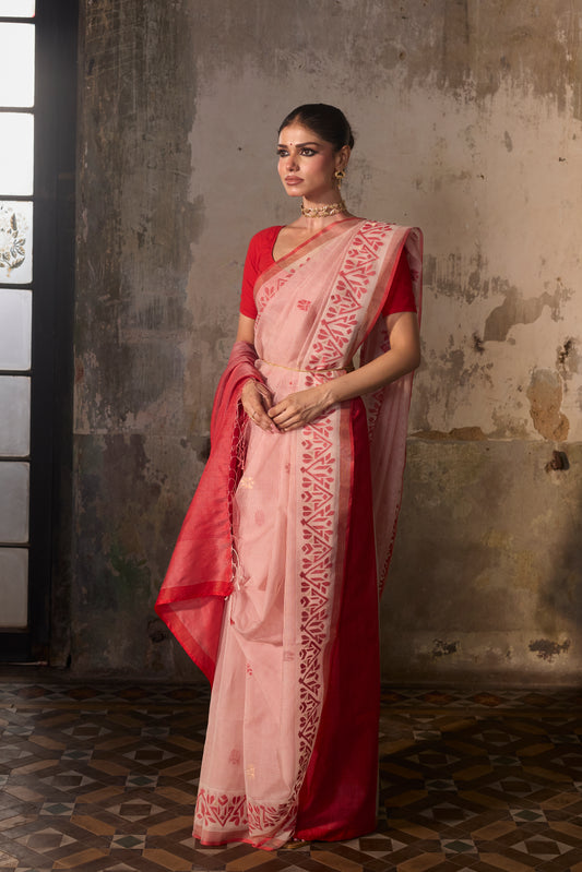 Red & White Pure Organza Silk Jamdani Handloom Saree
