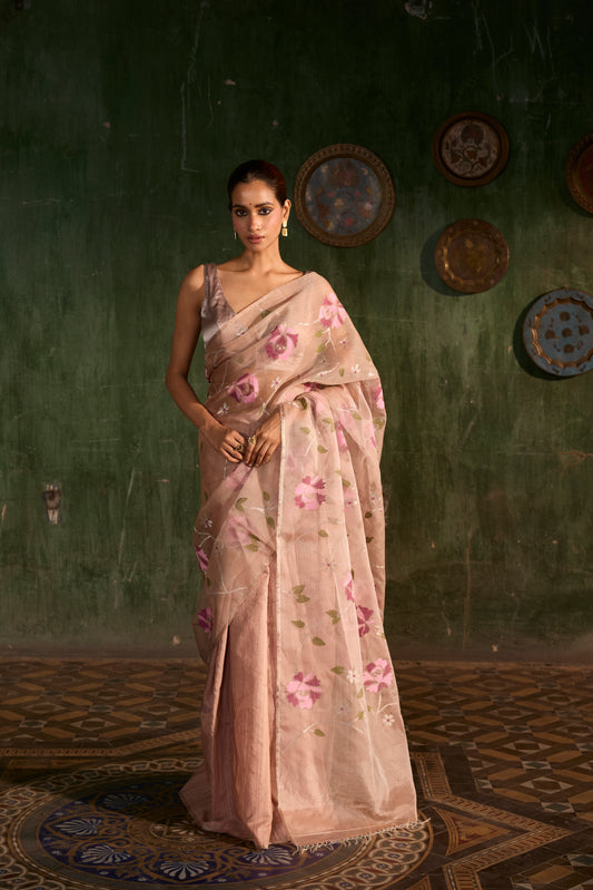 Pink Pure Organza & Matka Silk Jamdani Handloom Saree