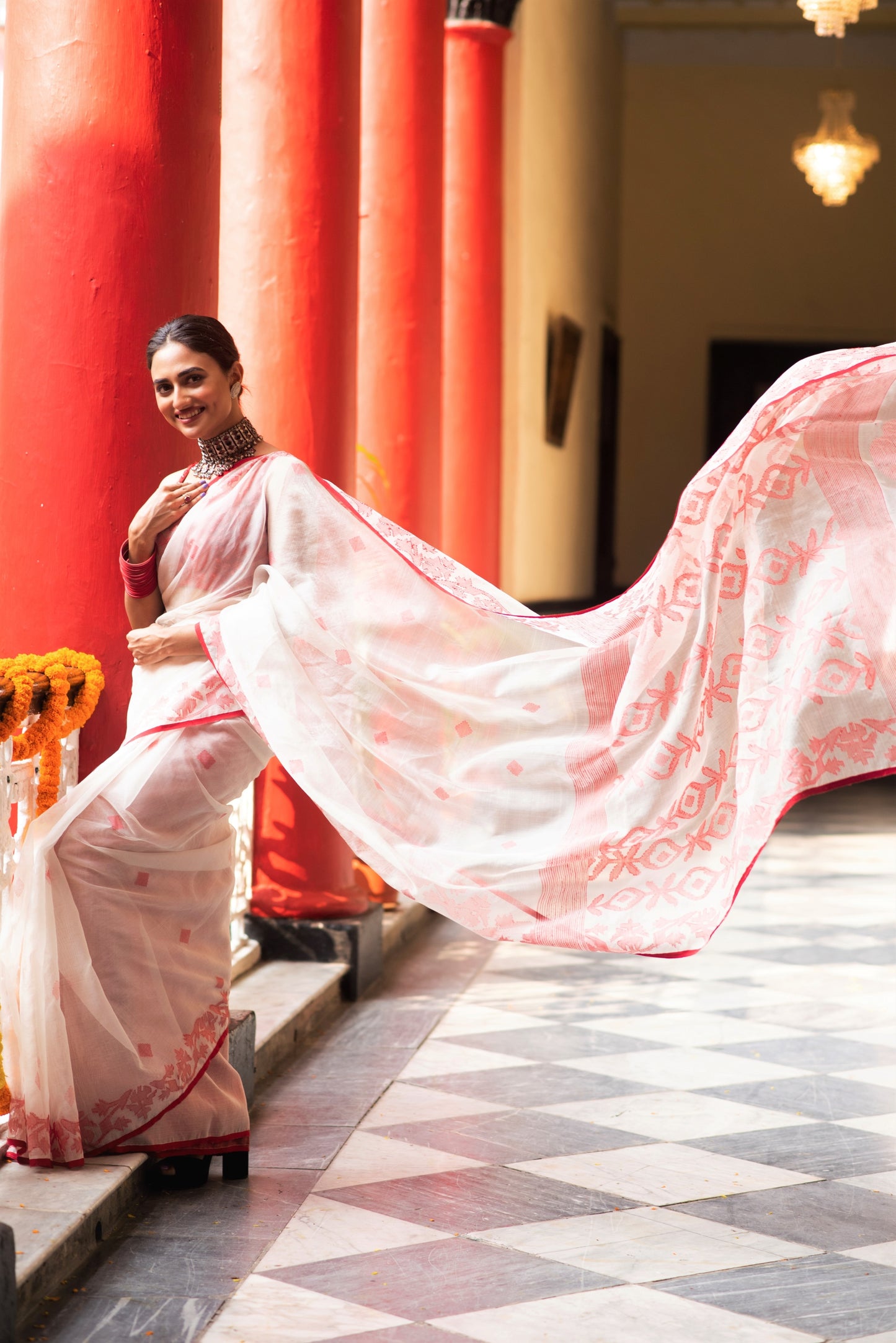 White and Red Pure Organza Traditional Jamdani Handloom Saree (Pre-Order)