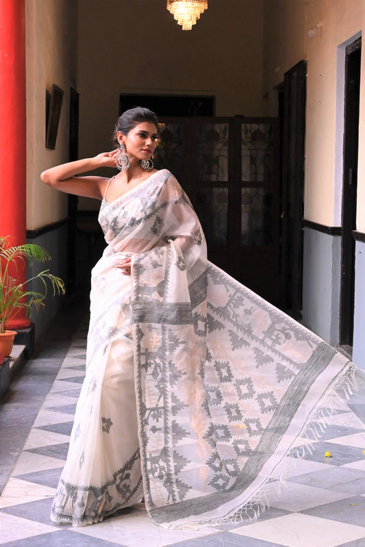 White and Black Pure Organza Traditional Jamdani Saree (Pre-Order)