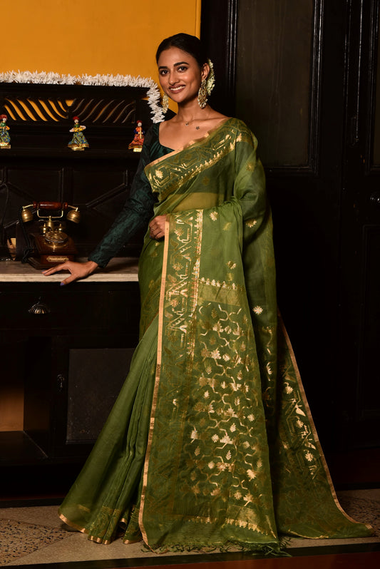 Green Pure Organza Traditional Jamdani Handloom Saree (Pre-Order)