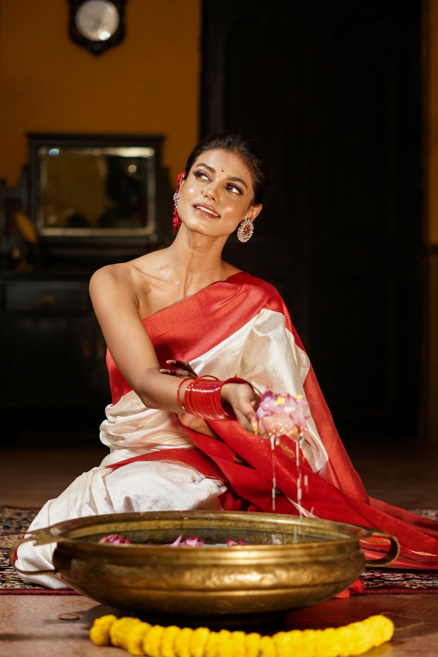 White and Red Pure Katan Silk Handloom Saree