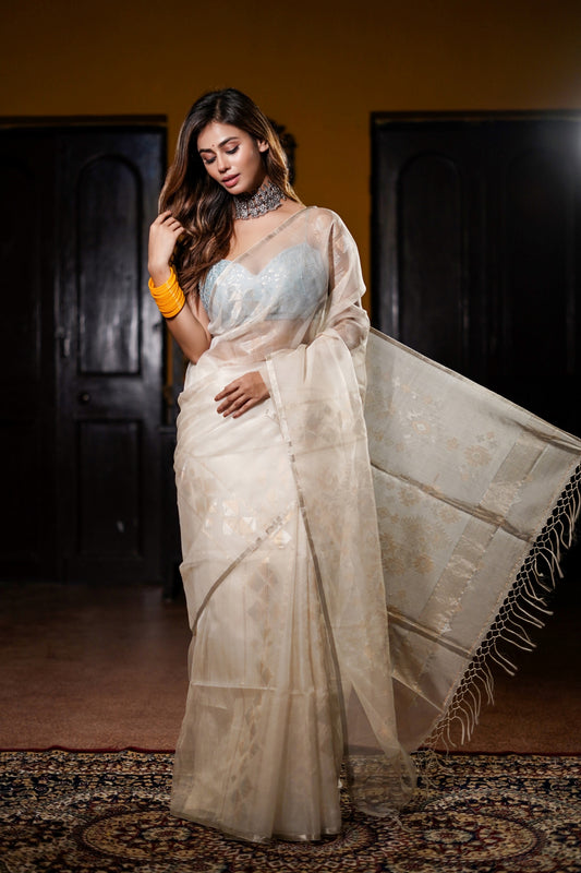 White Pure Organza Silk Jamdani Handloom Saree