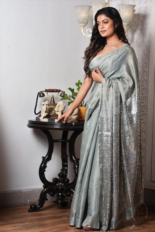 Grey Pure Matka Sequin Tissue Handloom Saree