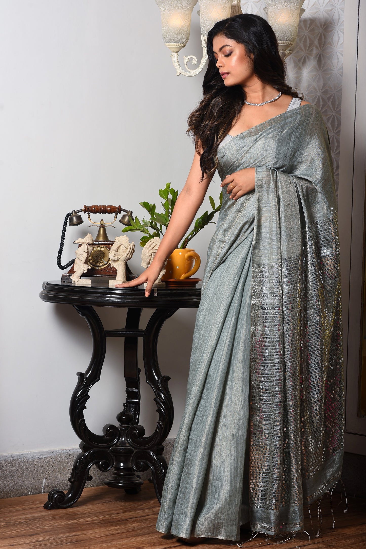 Grey Pure Matka Sequin Tissue Handloom Saree