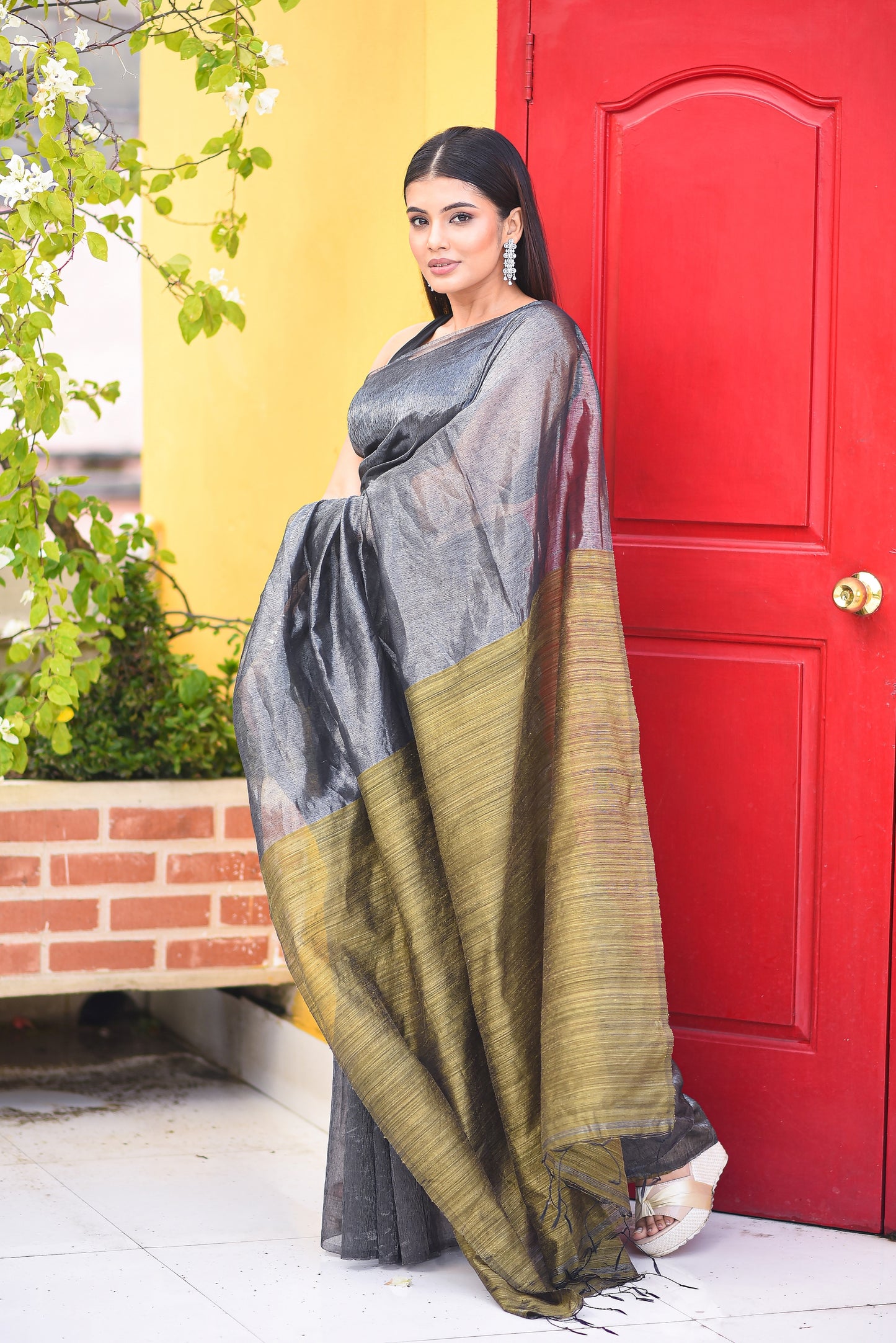 Grey Pure Organza Silk Tissue Handloom Saree