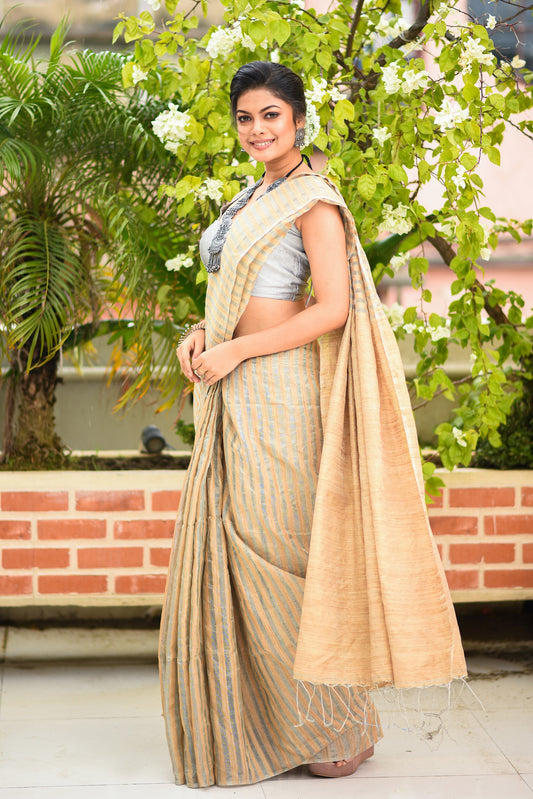 Beige Pure Matka Silk Tissue Handloom Saree