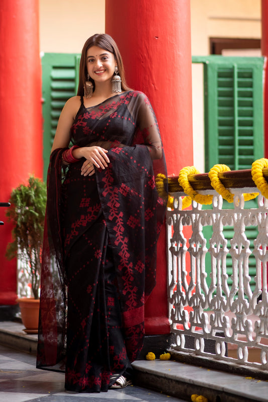 Black and Red Pure Organza Traditional Jamdani Handloom Saree (Pre-Order)