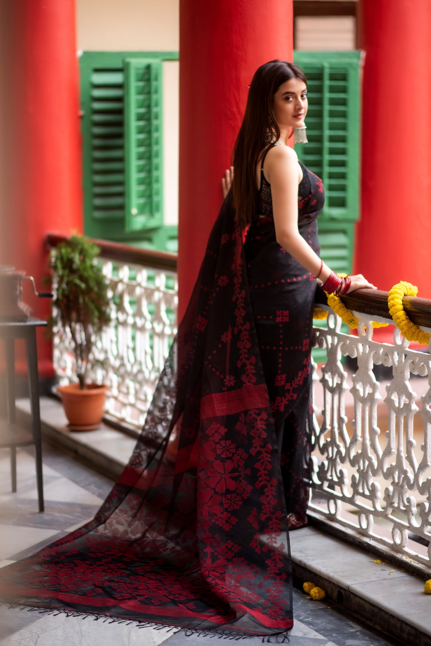 Black and Red Pure Organza Traditional Jamdani Handloom Saree (Pre-Order)