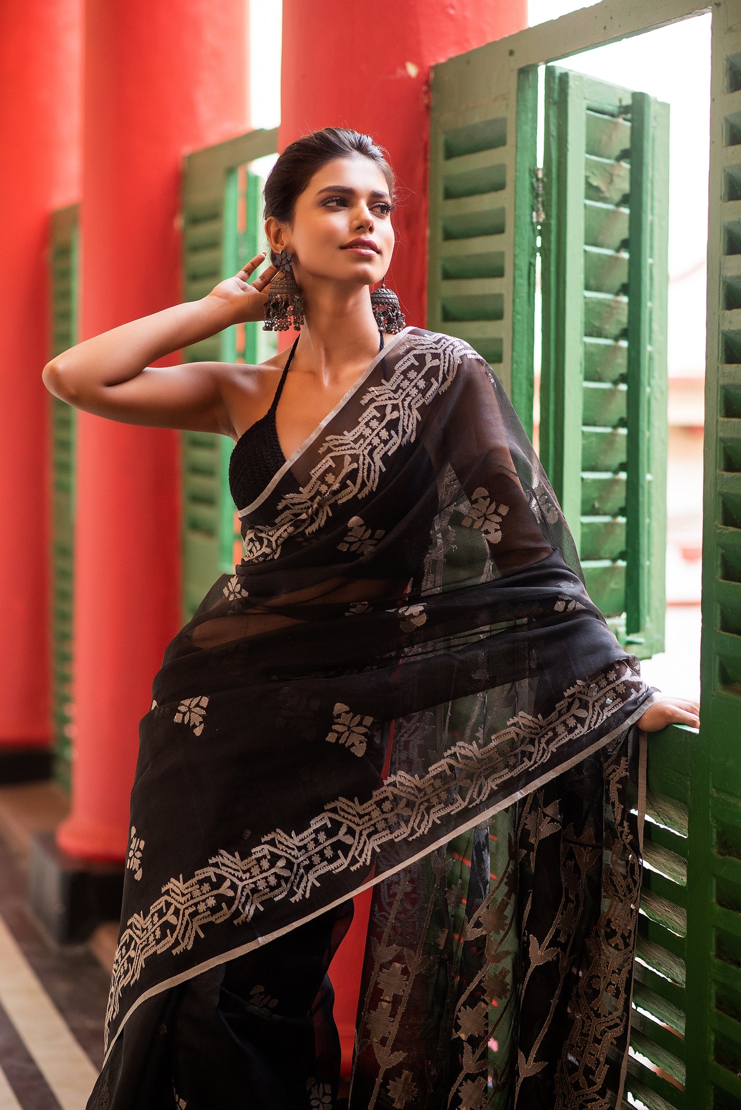 Black and Grey Pure Organza Traditional Jamdani Handloom Saree