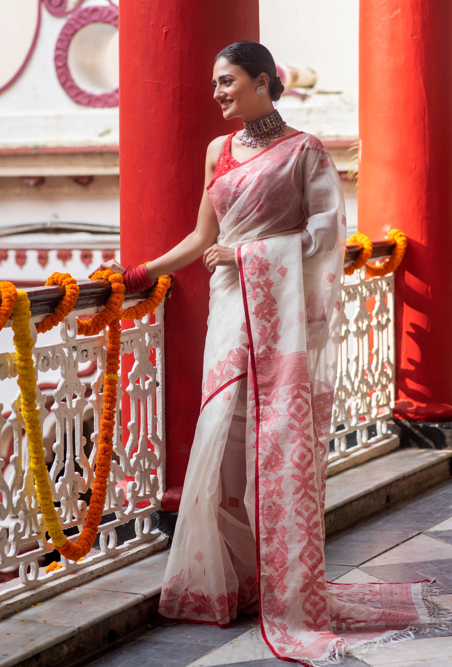 White and Red Pure Organza Traditional Jamdani Handloom Saree (Pre-Order)