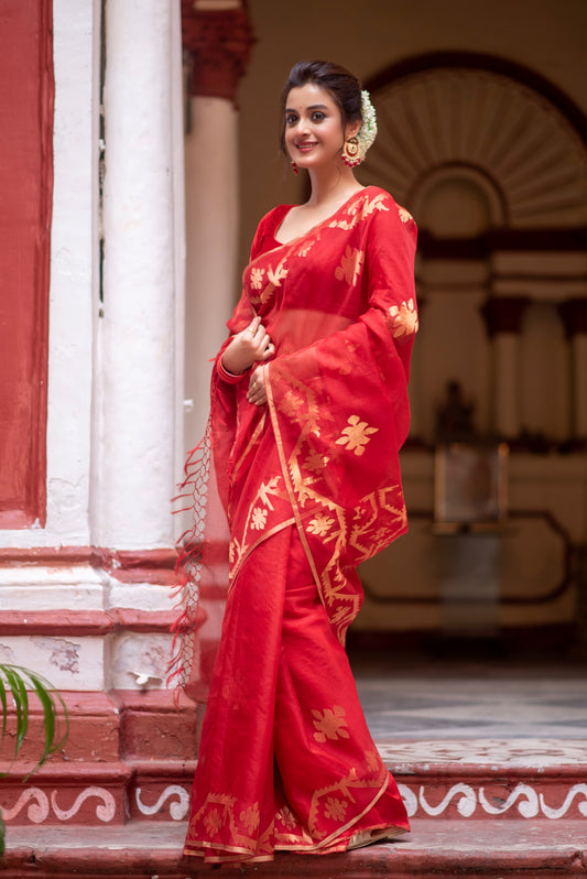 Red and Gold Pure Organza Traditional Jamdani Handloom Saree (Pre-Order)