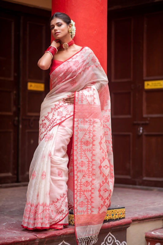 White and Red Pure Organza Traditional Jamdani Handloom Saree (Pre-Order)