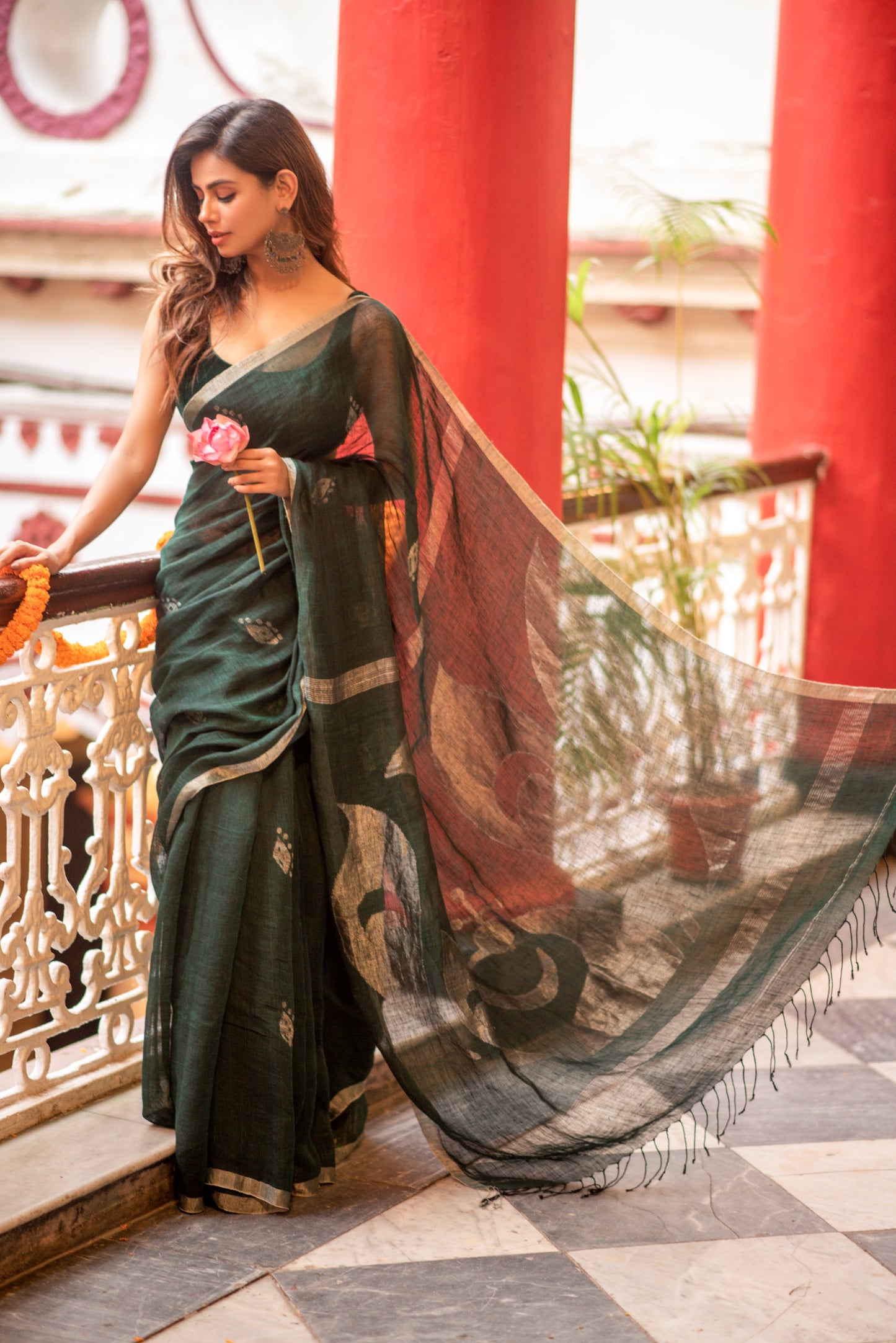 Green Pure Linen Handloom Saree