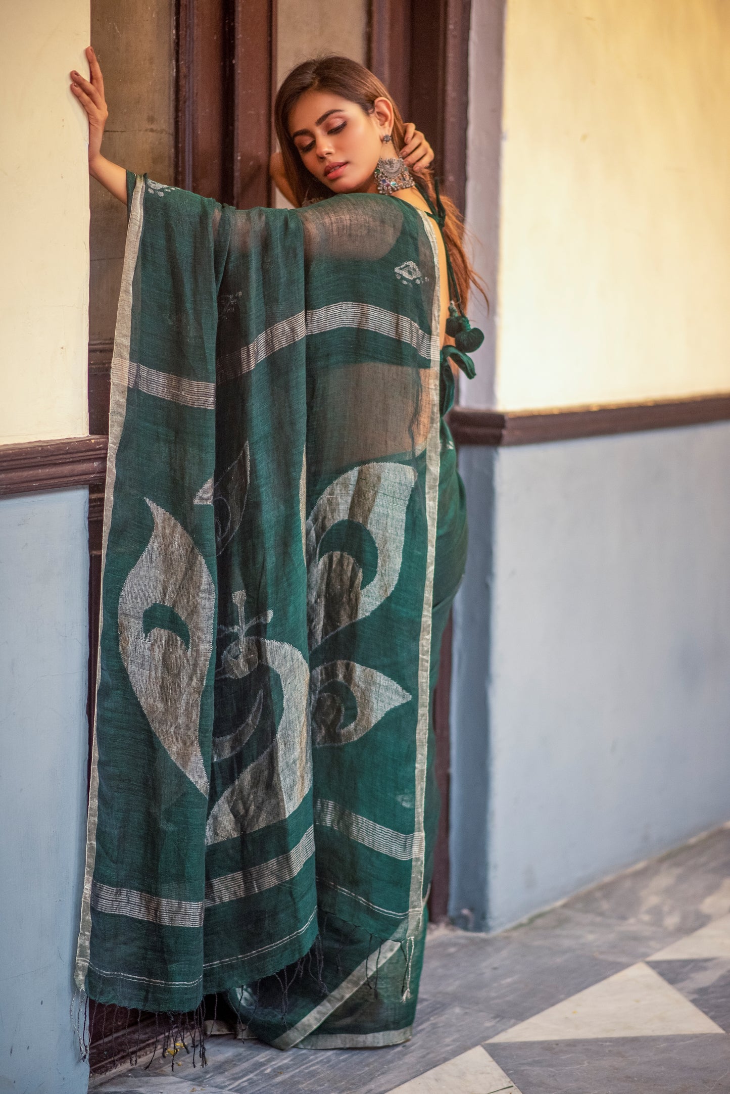 Green Pure Linen Handloom Saree