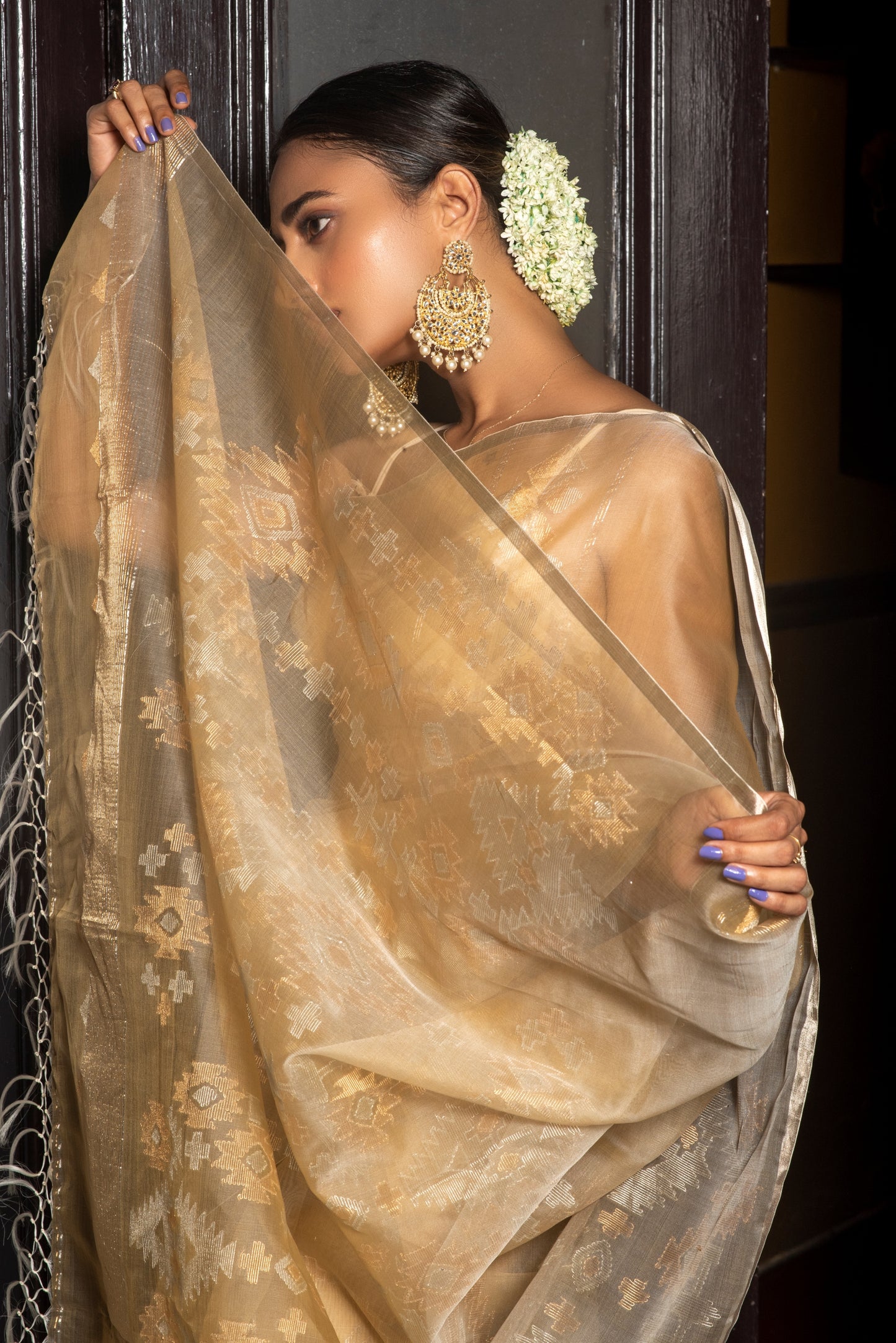 Beige Pure Organza Silk Jamdani Handloom Saree