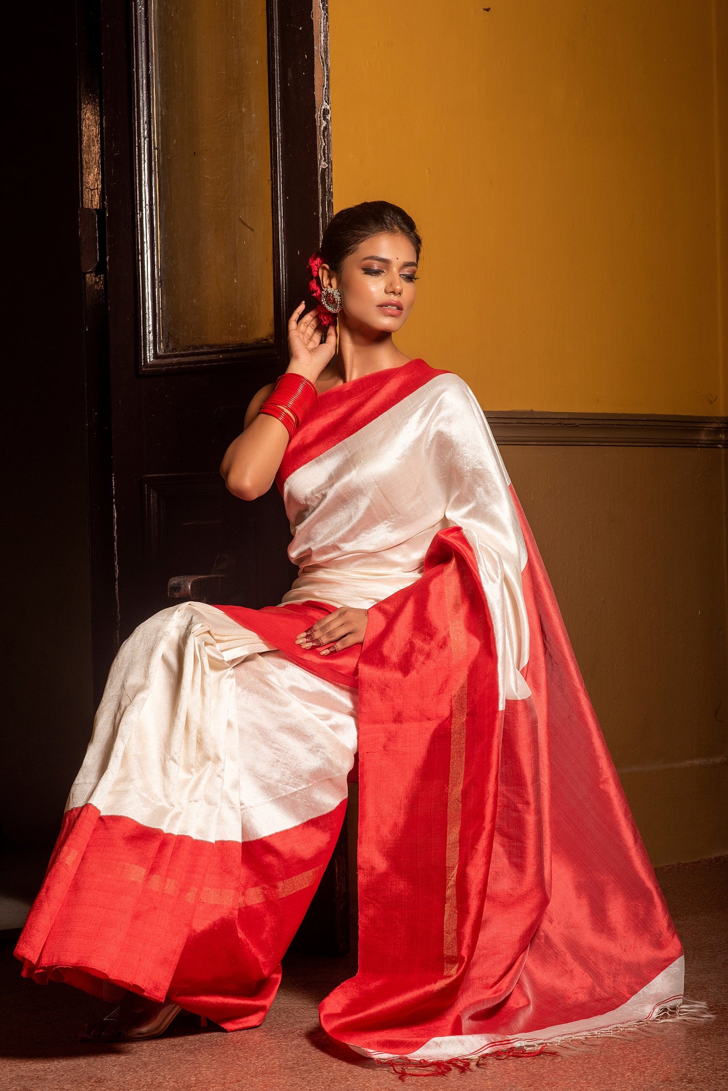 White and Red Pure Katan Silk Handloom Saree