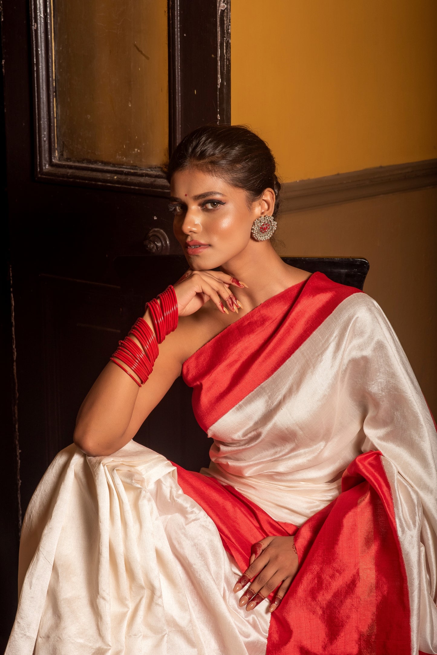 White and Red Pure Katan Silk Handloom Saree