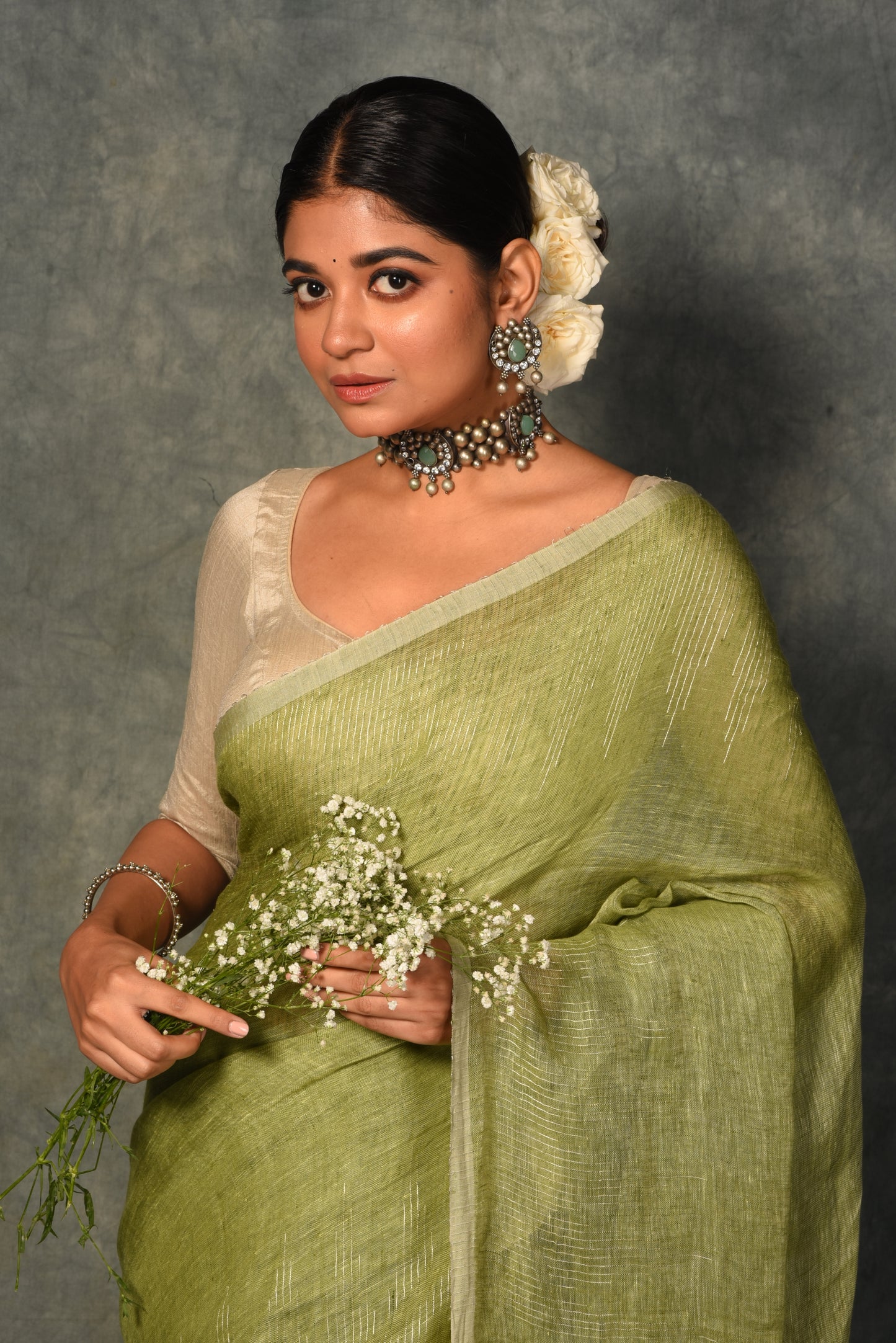 Green Handwoven Linen Saree