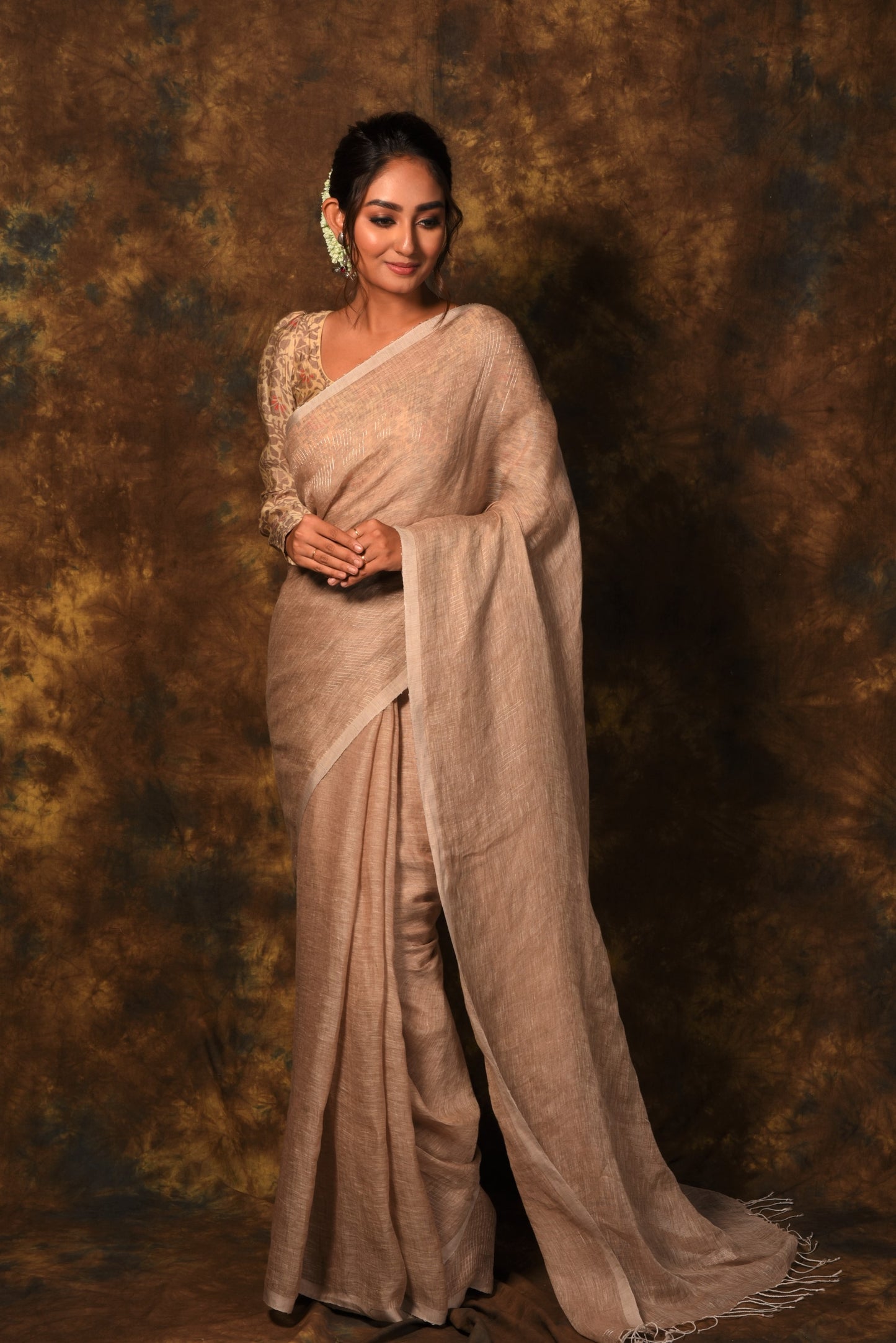 Brown Pure Linen Handloom Saree